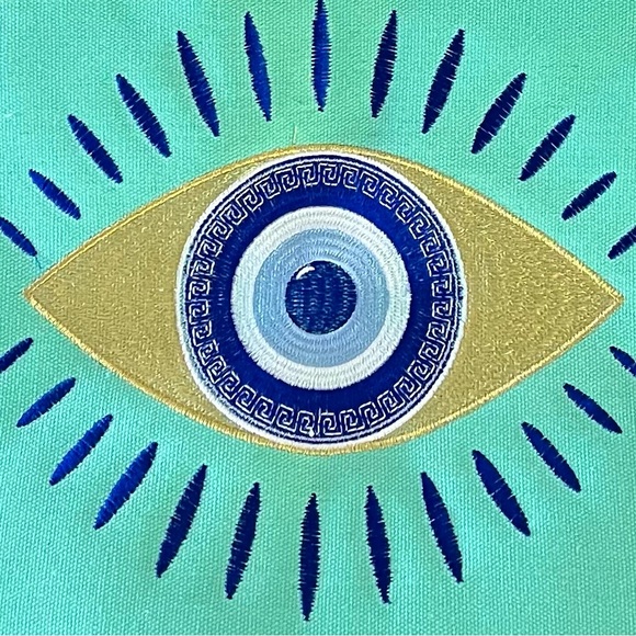 Evil Eye Green Aqua Gold Metallic Embroidered Protection Bohemian 22" Tote Bag - Picture 4 of 10